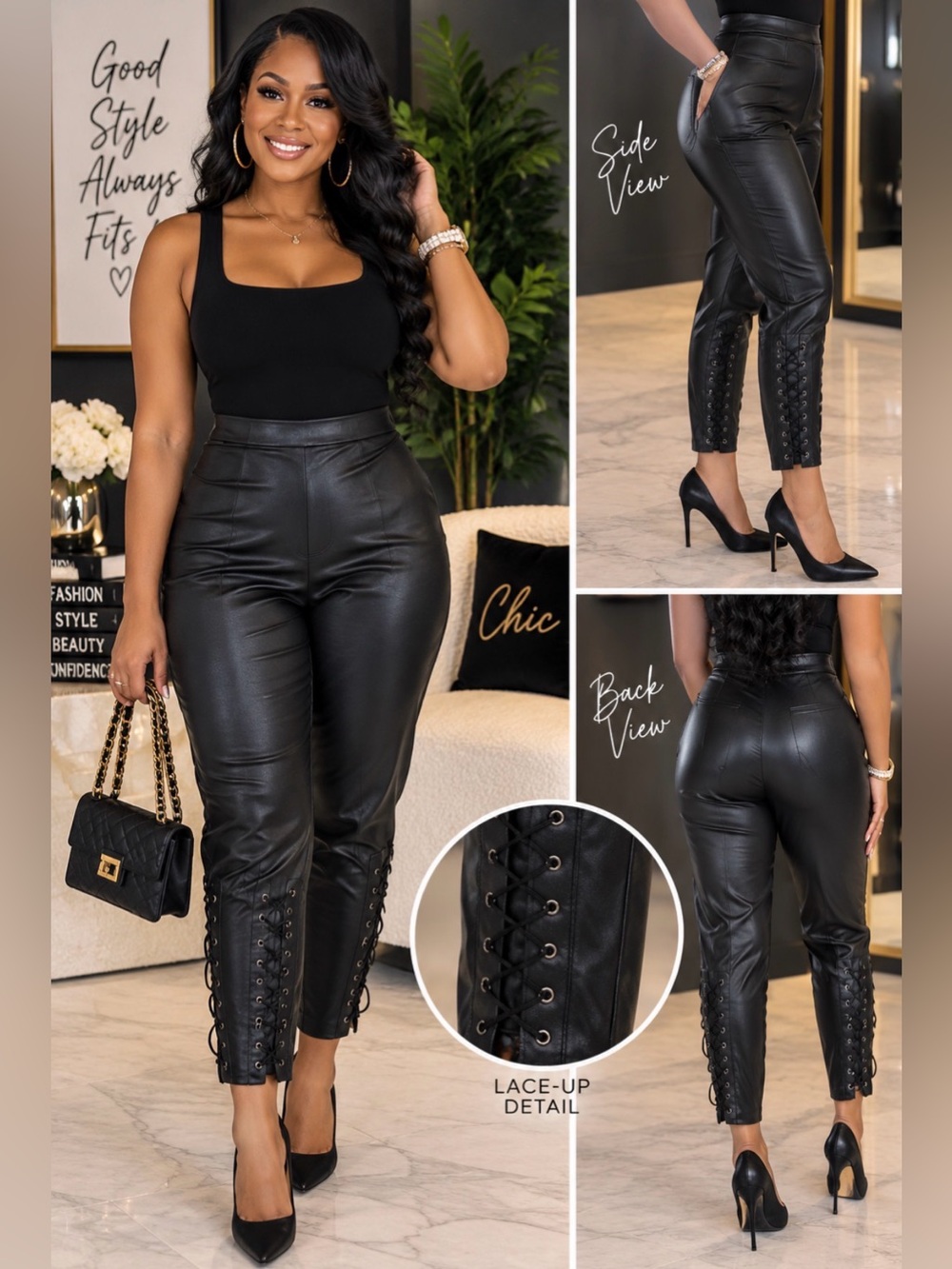 BCBGMaxAzria Black High-Waist Faux Leather Lace-Up Crop Pants